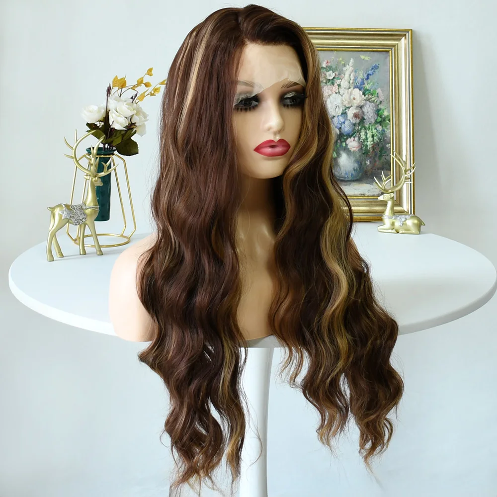 Pelucas rubias resaltadas de colores de 30 pulgadas, peluca con malla frontal ondulada para mujer, pelucas sintéticas transparentes HD 13x4 prearrancadas brasileñas