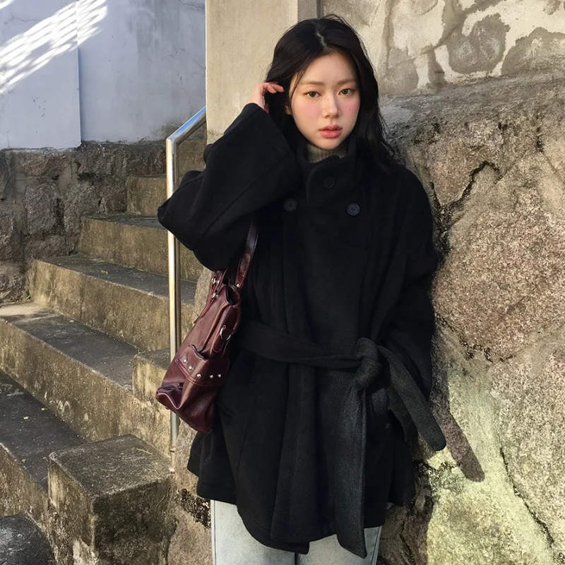 

Women's Woolen Coat East Gate Autumn Winter Vintage Stand Collar Casual Loose Cotton Filled Warm Belted Long Sve Coat