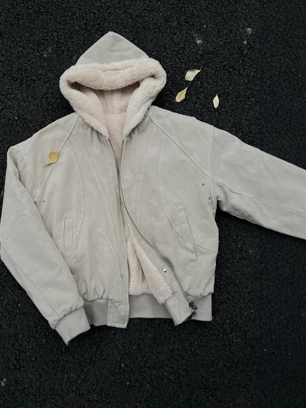 

Thiened Fce Lined Canvas Jaet Men's Autumn Winter American Retro Sle Hooded Cotton Coat Stand Fit Long Sve Zipper