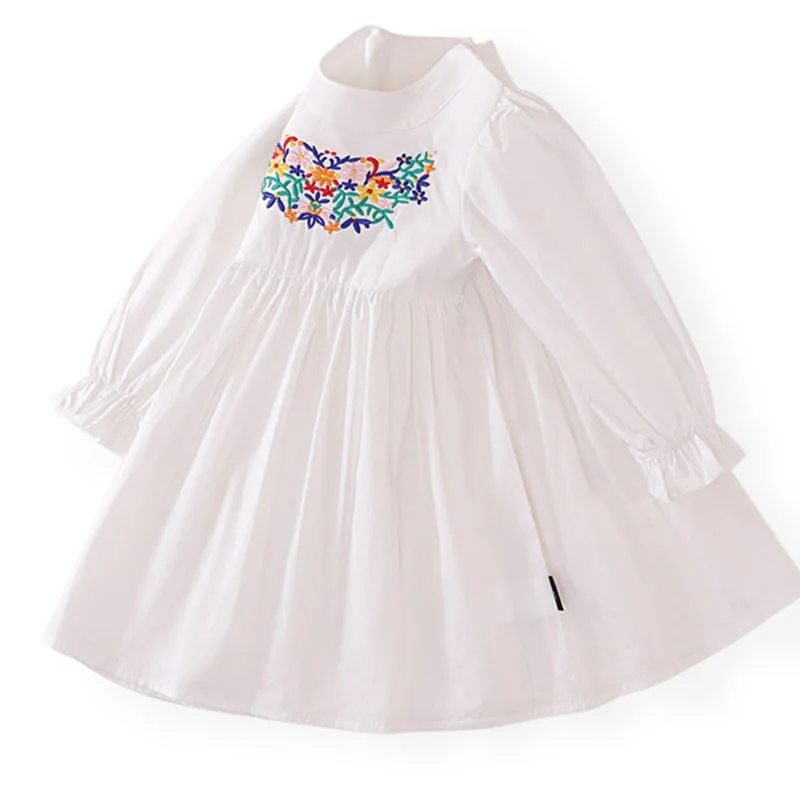 White Toddler Dresses For Little Girls Floral Embroidered New 2025 Spring Long Sleeve Dress For Girls 2 3 4 5 6 7 8 9 10 Years