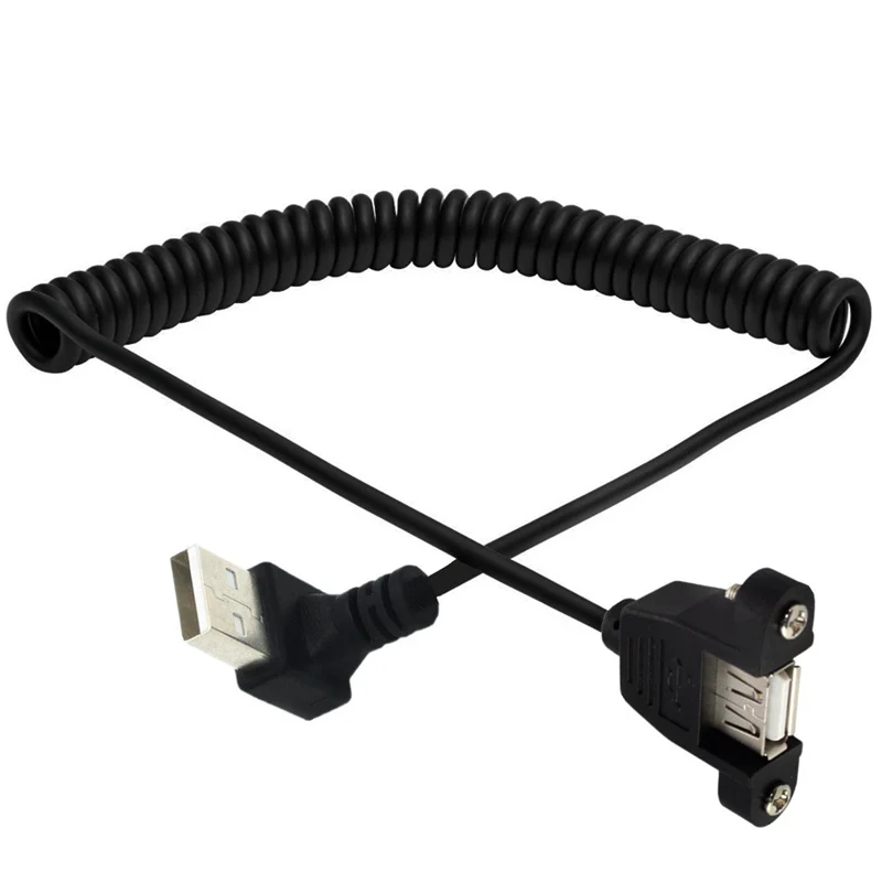 USB 2.0 A Female Panel Mount to Up & Down & Left & Right Angled A Male Extension Coiled Spiral Cable