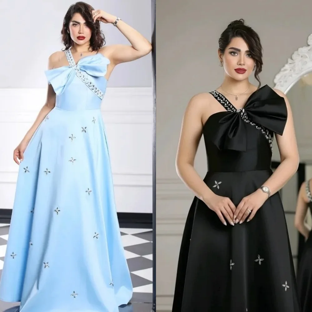 

Customized Formal Fashion Charmeuse Rhinestone Bow A-line Off-the-shoulder Long Dresses Bespoke Occasion Dresses Matching Retro