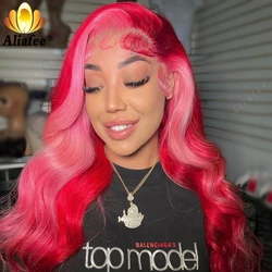 Highlights Hot Red Pink Colored 13x6 Lace Frontal Human Hair Body Wave Wigs Light Pink With Red 5x5 Lace Closure Wig For Women
