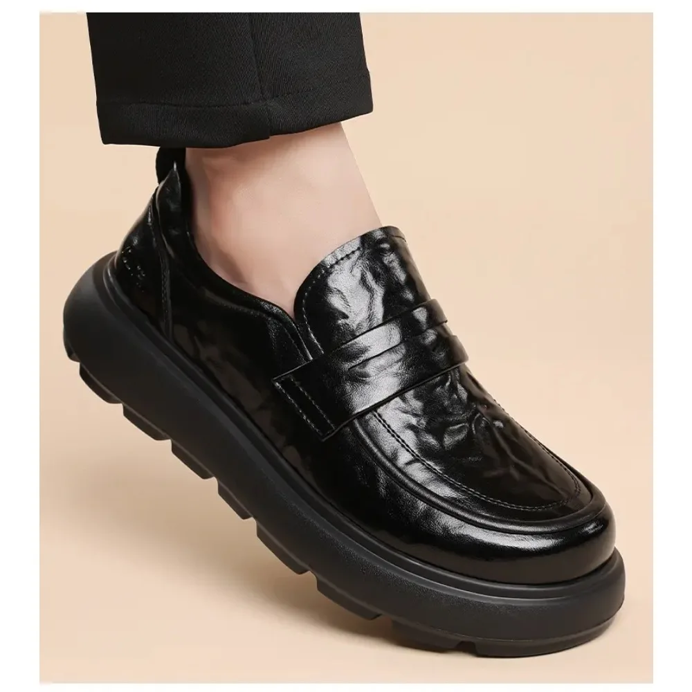 Vestido de boda informal de negocios para hombre, zapatos de cuero genuino, zapatos de plataforma sin cordones, mocasines negros y marrones, calzado transpirable para caballero