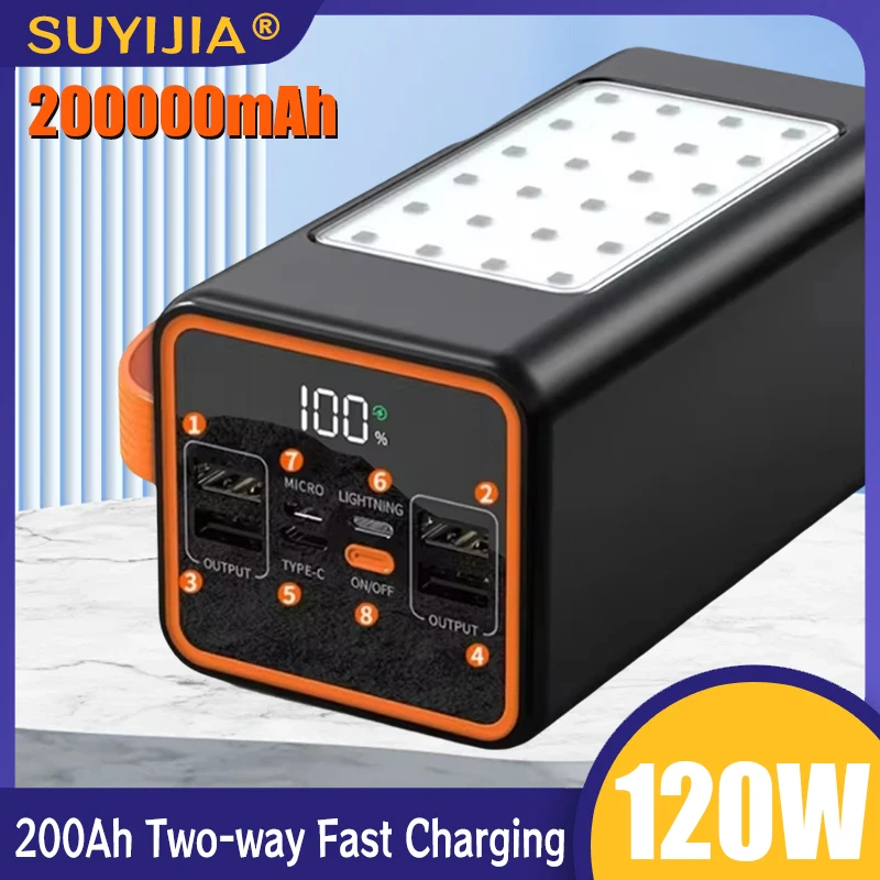 LED 조명 보조배터리 휴대용 충전기, 120W, 200000mAh 대용량, 양방향 고속 외장 배터리 충전, 아이폰 15 13