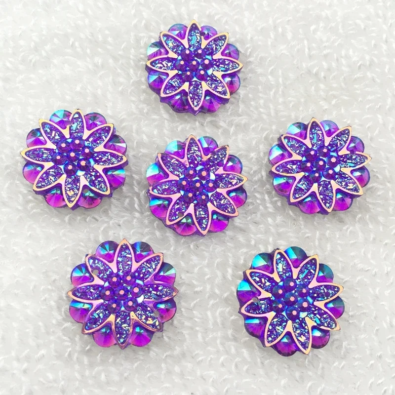 20pcs 18mm Round Flower AB Resin Crystal Strass applique and Rhinestone Flatback  2 Holes buttons for Diy clothing - HA27