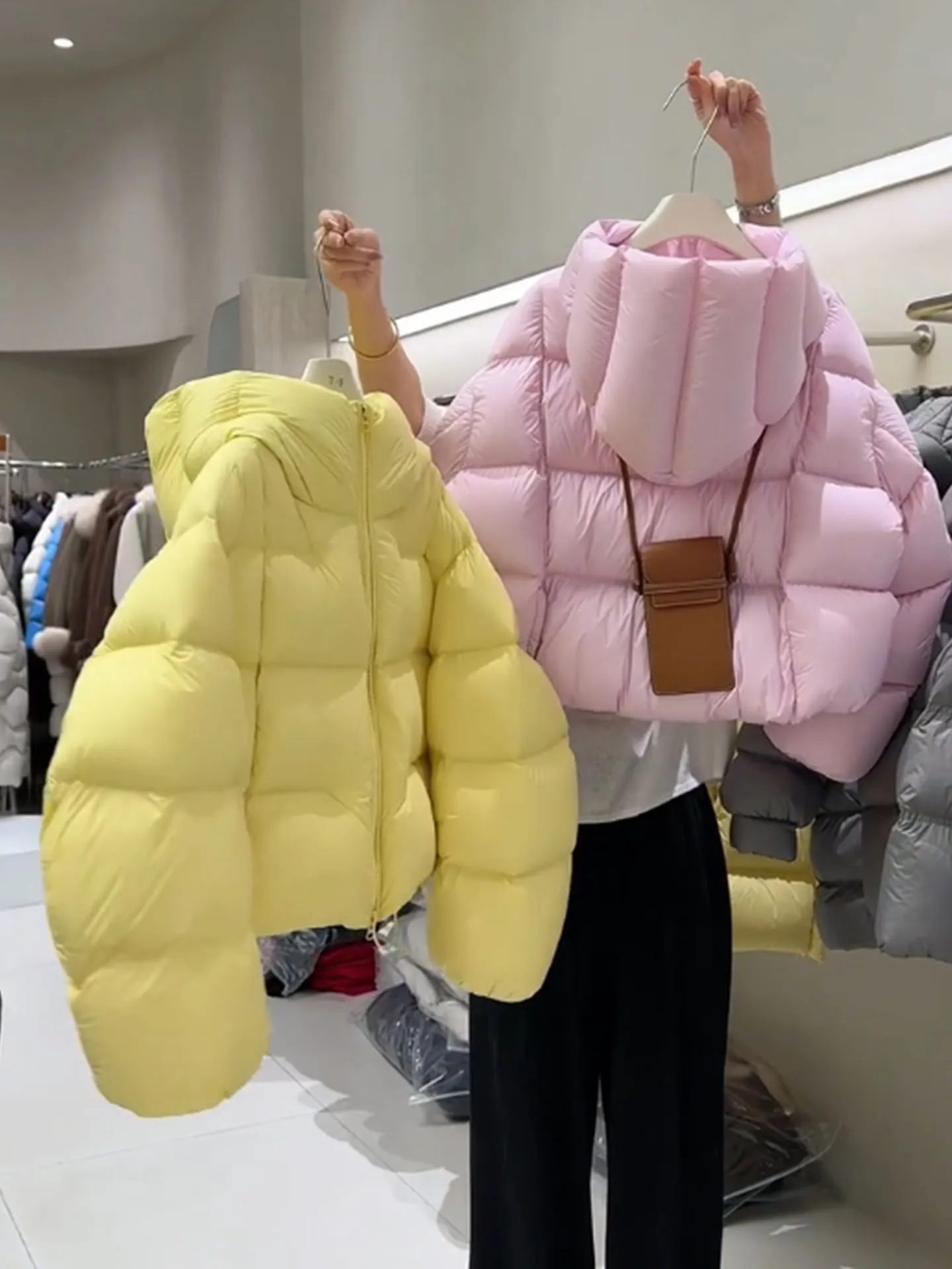 Koreanische Sle ort Puffer Jaet frauen Faionable Flauschigen Mantel Winter Thi Oberbekleidung Hohe Taille Lange Sve Farbe