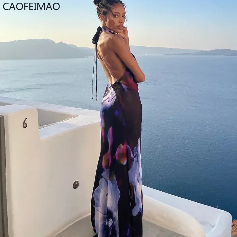 فستان ماكسي بدون ظهر للنساء مثير مطبوع شبكي شفاف من خلال فستان ضيق صيفي للشاطئ أنيق بدون أكمام فستان حفلات النادي 2025