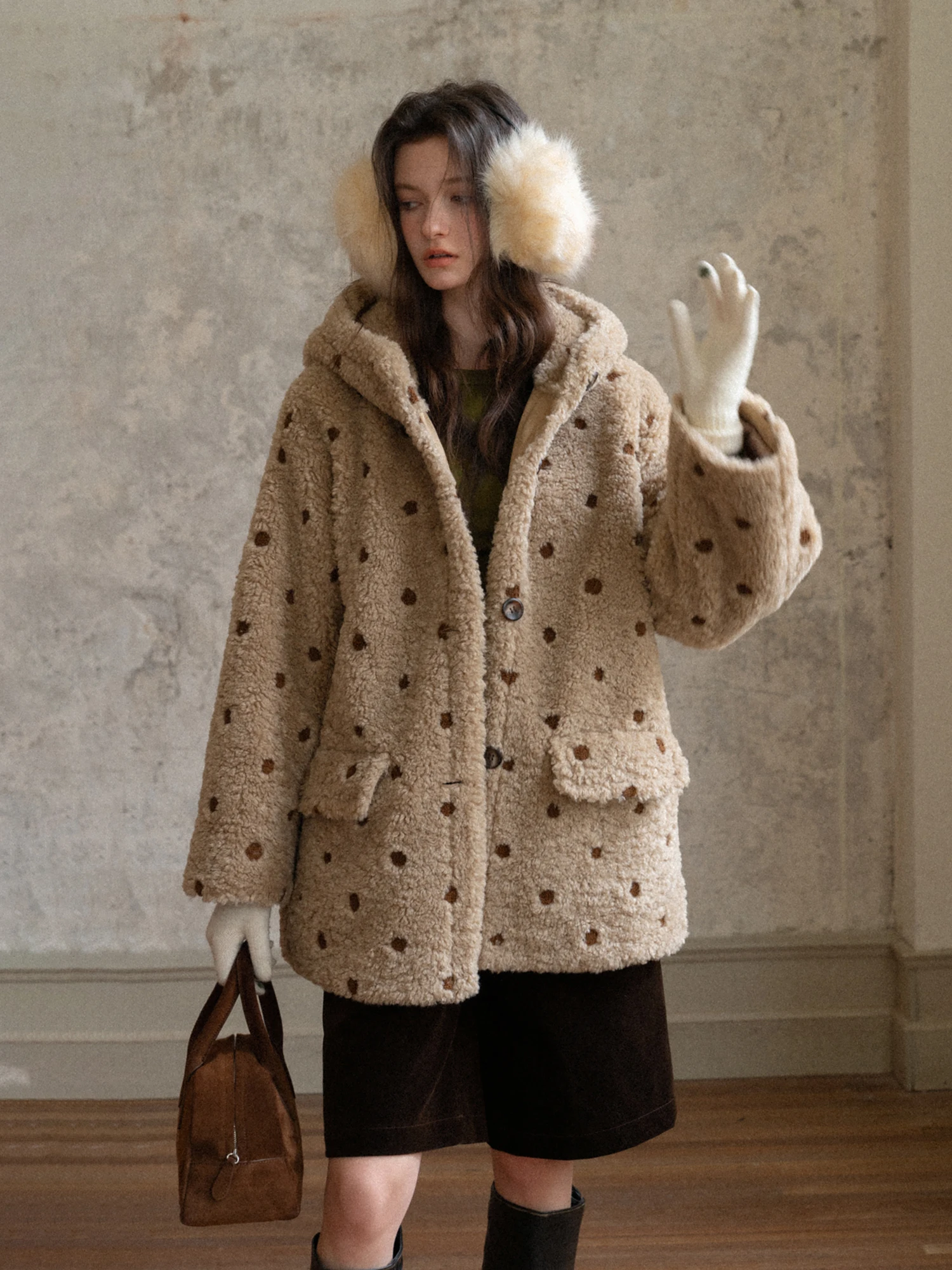 

Thiened Plaid Cotton Lamb Fur Jaet Women's Vintage Sle Casual Loose Fit Coat with Hood Mid-Length Warm Outerwear