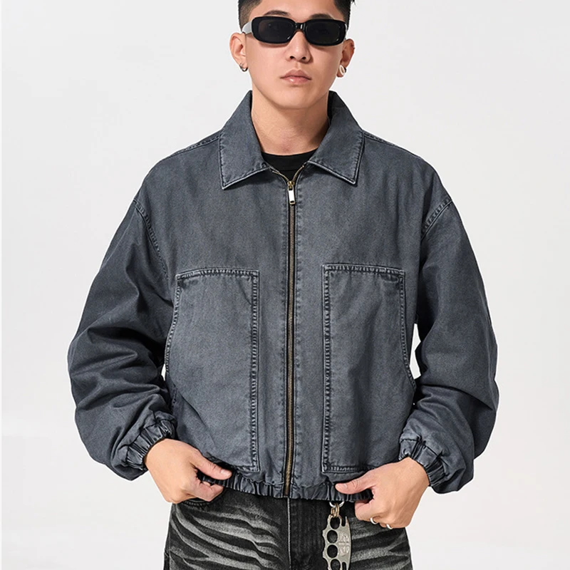 American Vintage Men Washed Denim Bomber Jacket Spring Autumn Zip Front Big Pockets Loose Oversized Streetwear Casual Coat