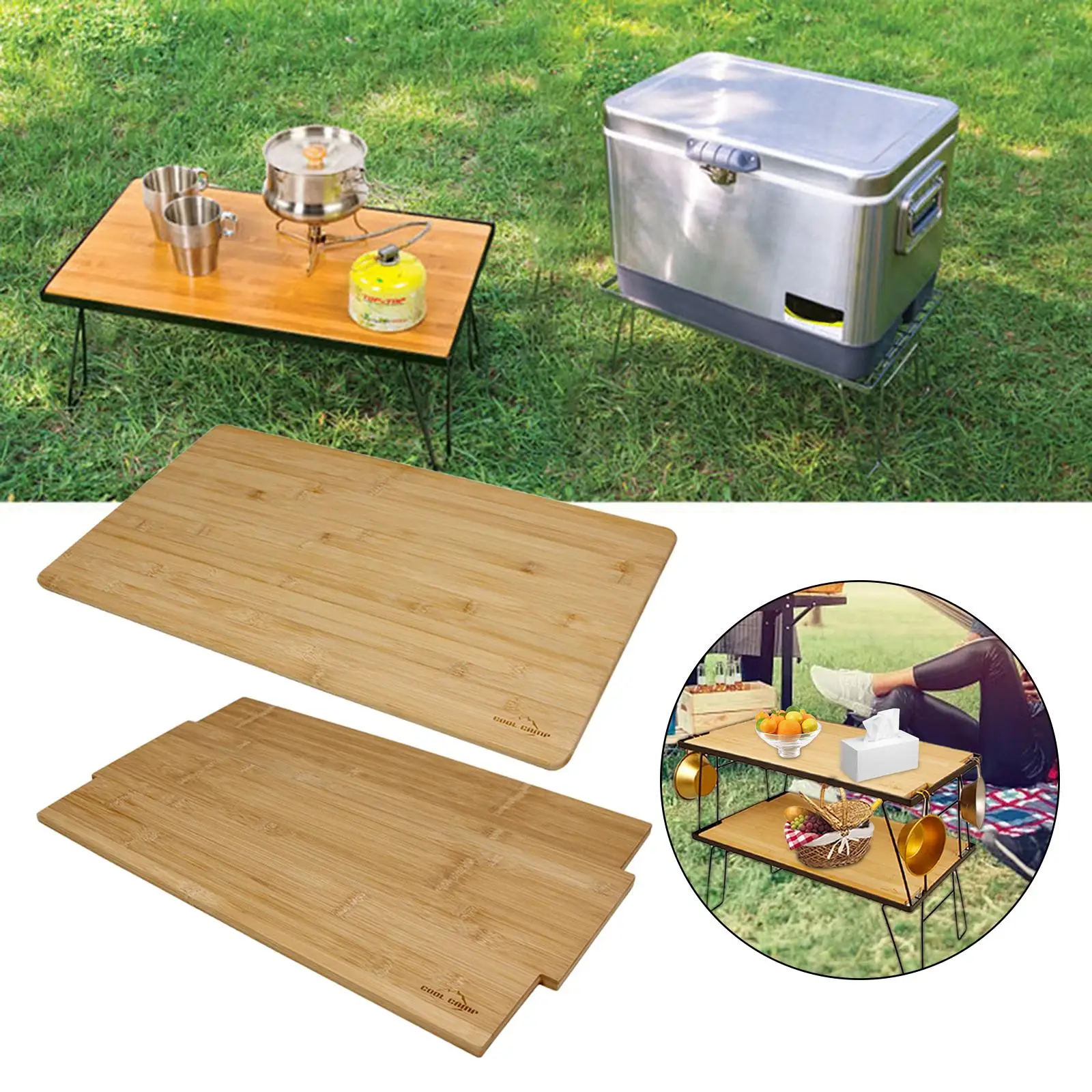 Mesa de acampamento dobrável multifuncional, cremalheira de armazenamento, placa de madeira de bambu, churrasco para mochila, piquenique, caminhadas