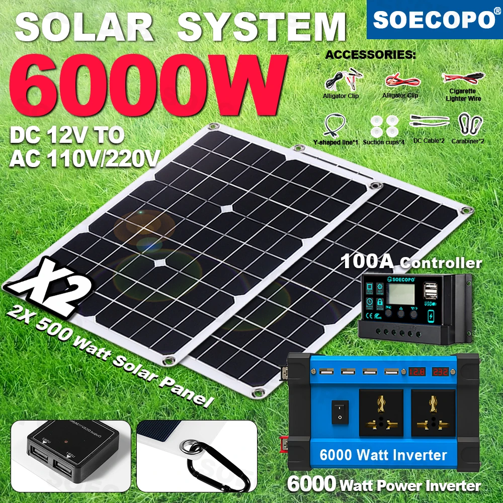 

SOECOPO 6000W Solar Power System Kit 2×500W Panels, 6000W Inverter with Digital Display 4 USB 2 Outlets 100A Controller Camping