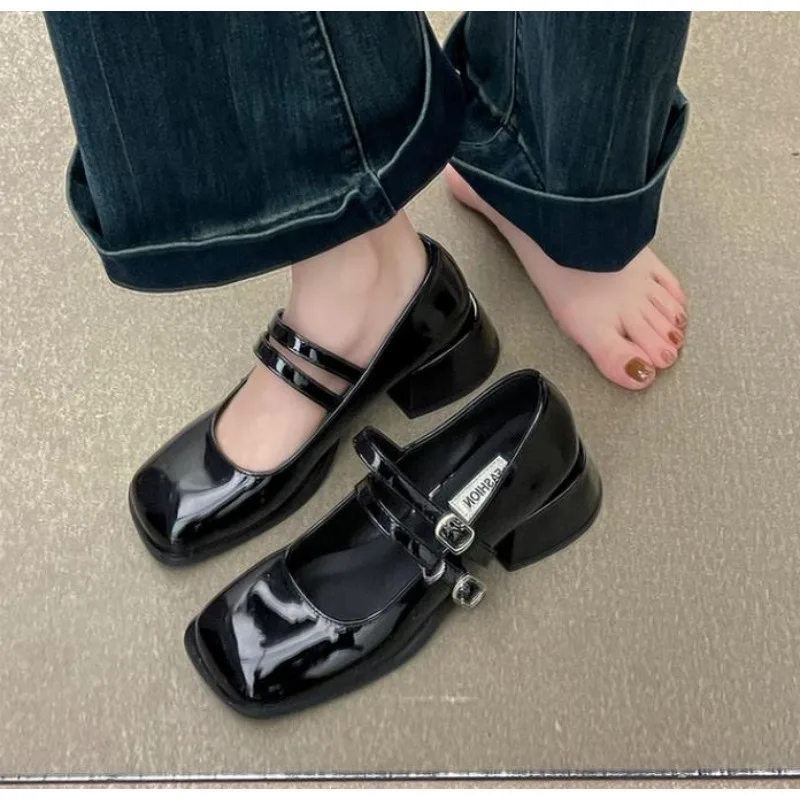 Spring Autumn Patent Leather Women Mary Jane Shoes Fashion Shallow Square Toe Pumps Casual Dress Chunky Middle Heel Women Shoes