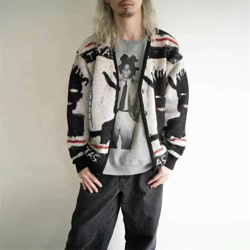 Streetwear WACKO MARIA Creative Knit Jacquard Cardigan V-neck Cotton Autumn Winter Men Women High-end Sweater Jacket