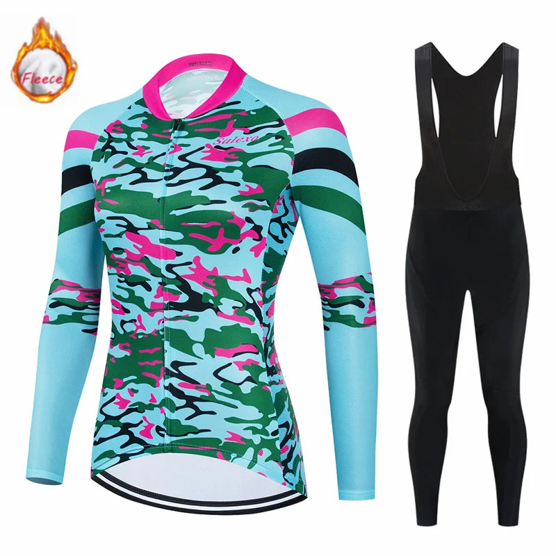 2023 Women Winter Thermal Fleece Winter Cycling Clothing Long Sleeve Jersey Suit Triathlon Outdoor Riding Bike MTB Clothing Set