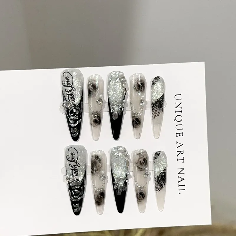 10PCS Silver Cat Eye Long Stiletto Handmade Press on Nails Black French Dark Roses Lace with Pearl False Nails High Quality Nail