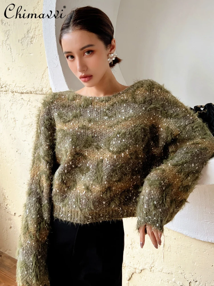 

French Elegant Versatile Knitted Sweater Off-Shoulder Long Sleeve Shiny Loose Casual Knitwear Pullovers Tops for Women Autumn