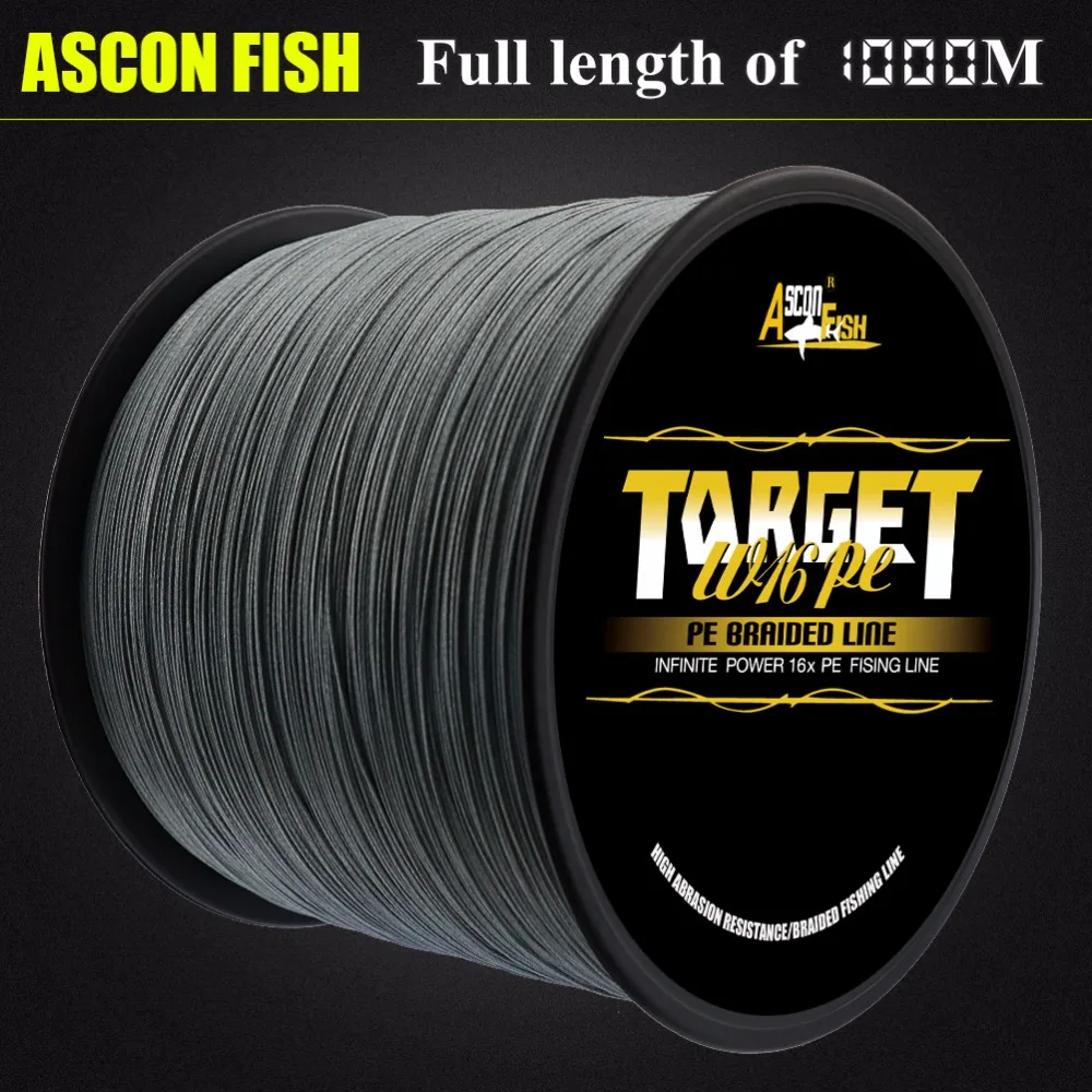 Ascon Fish 16 Strands Braided Fishing Line 1000m Real 16 Braids Full Length Multifilament Fishing Line PE Thread 20-400LB