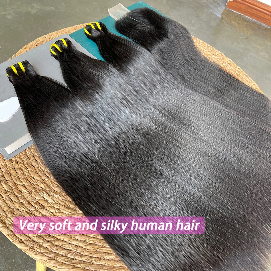 Bone Straight Double Drawn Human Hair Bundles With 2x6 Transparent Lace Closure Bleached Knots 100% Human Hair Weave Extensions