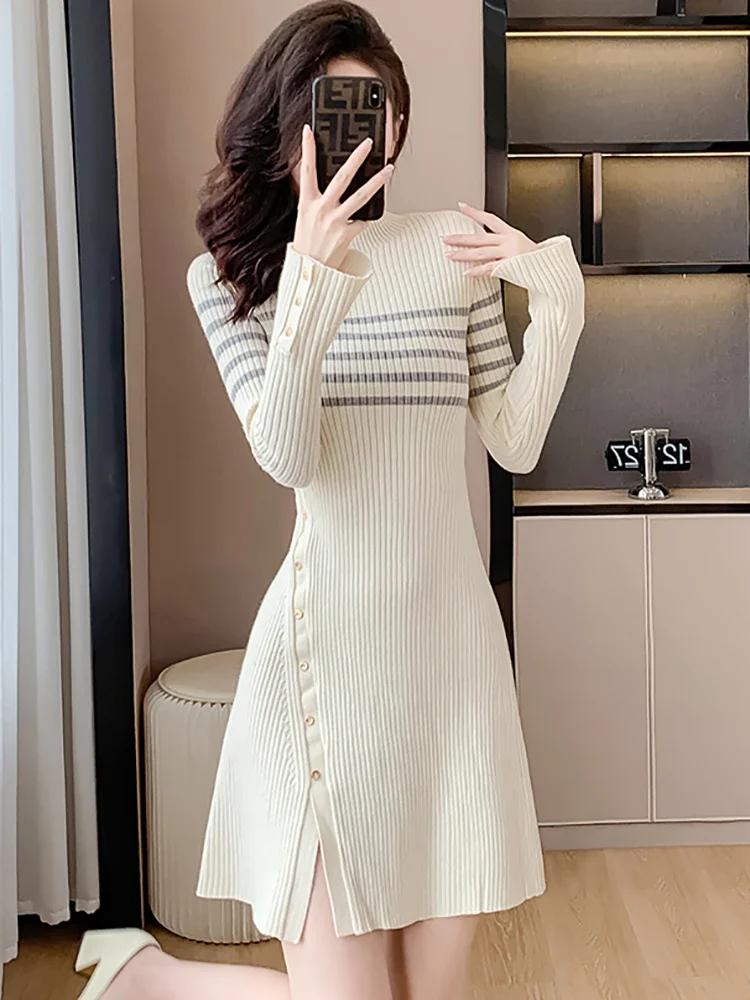 2024 Fashion Knitted Striped Chic A-Line Short Dress Women Elegant Casual Home Dress Autumn Winter Korean Bodycon Thick Sweaters