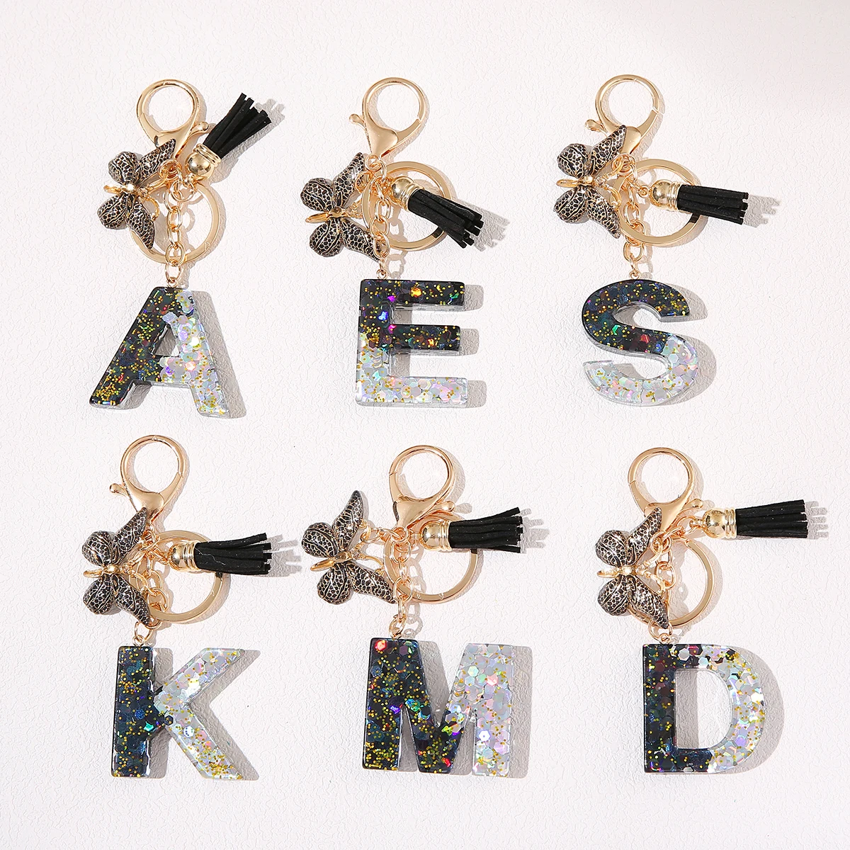 Men and Women Resin Letter Keychain with Black Butterfly and Tassel Charm Sequin Monogram Hanging- Personalized Anniversary Gift