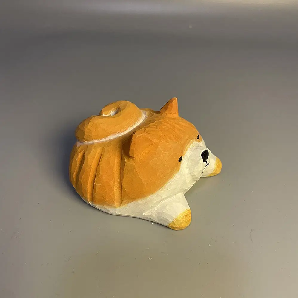 Handmade Wooden dog bread corgi figurine animal statue desk sculpture home decor present