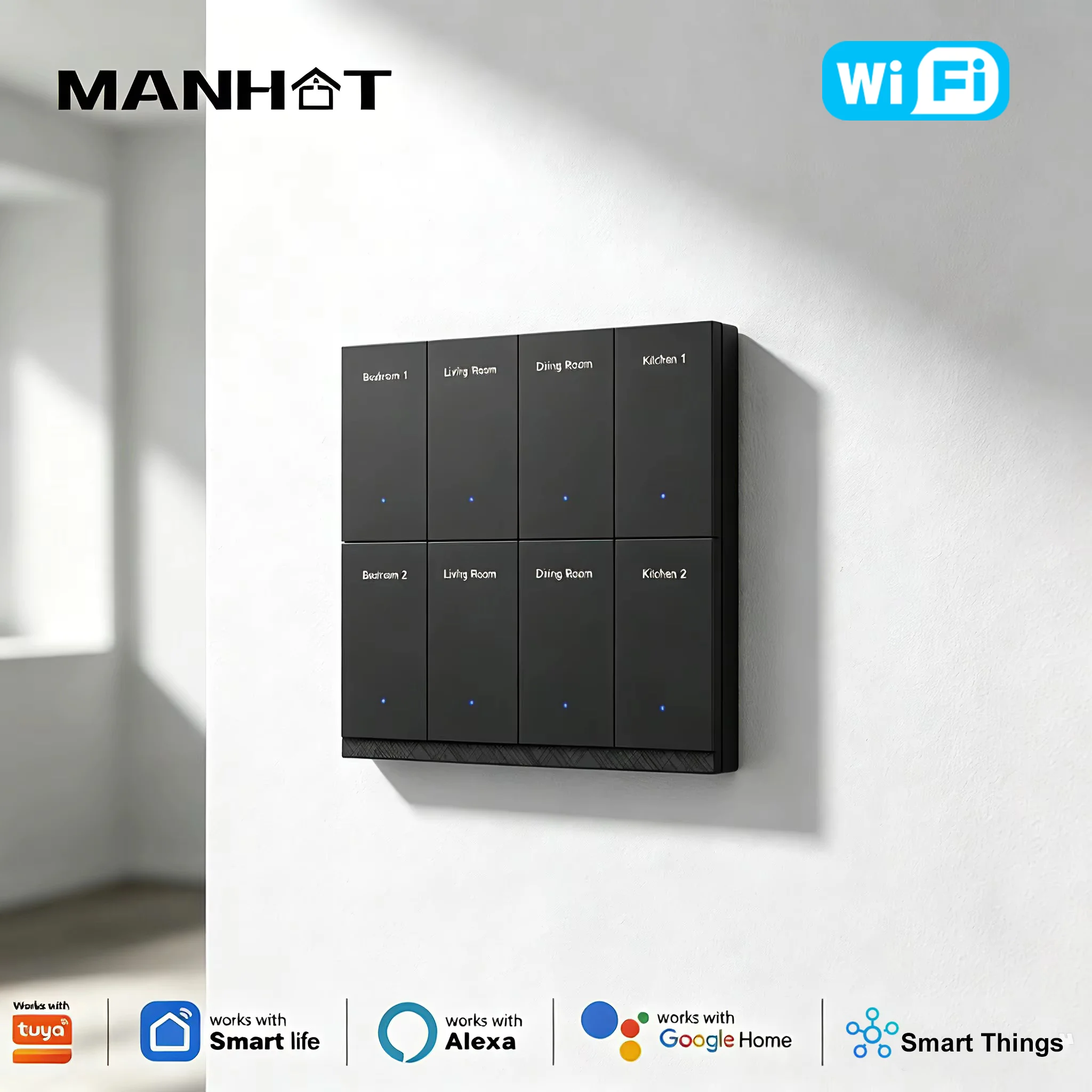 Manhot Smart DIY Name Switch WIFI 6/8 Gang Wall Push Button Switch with Radar Sensor Neutral Required Work with Smart Life App