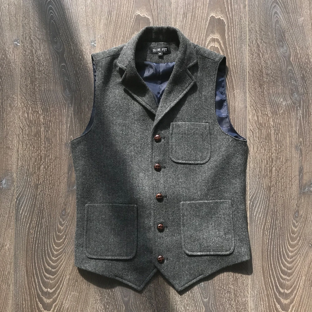 Men\'s Suit Vest Brown Herringbone Tweed Single Breasted Autumn Business Slim Fit Waistcoat Casual Formal Tooling Groomman Vests