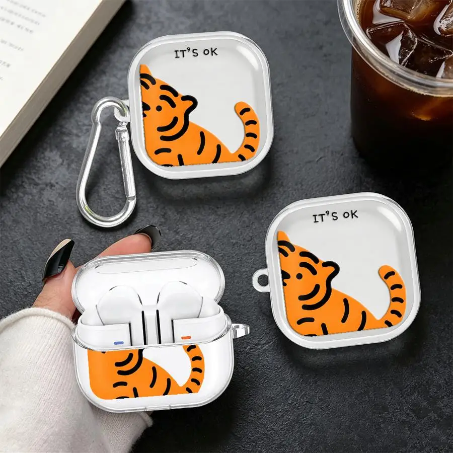 Cute Cartoon Tiger Case For Samsung Galaxy Buds Live 3Pro 2 4Pro 3 FE 2Pro 4 Pro Clear Earphone Cases Cover With Hook