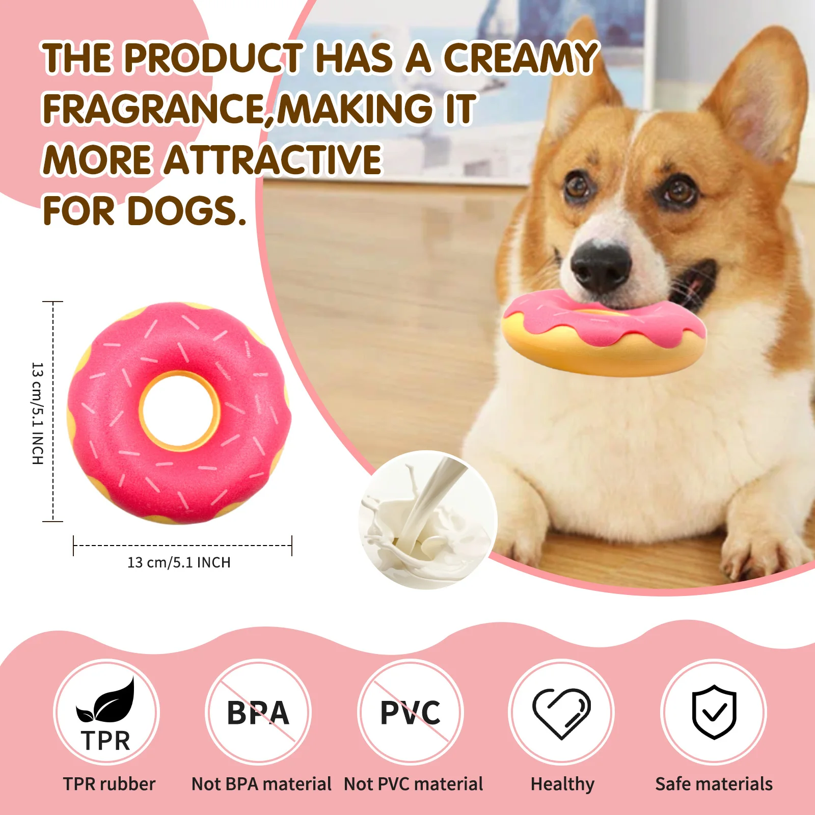 Rubber donut dog toy with functions of grinding teeth, cleaning teeth, interactive companionship, relaxation, and vocalization