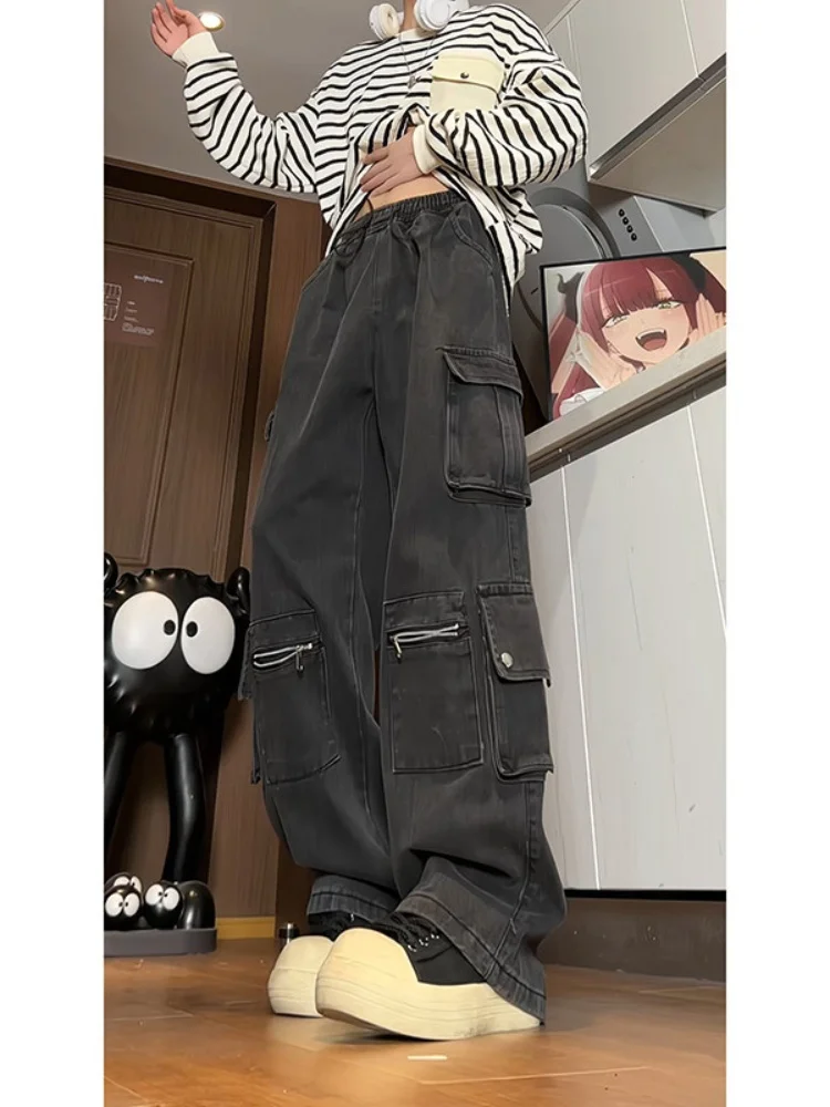 

Мужские рабочие джинсы в американском уличном стиле, с множеством карманов, прямые, широкие брюки, длинные штаны, весна-осень