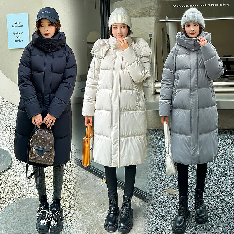 Women's Monochromatic Long Straight Winter Coat, Casual Parkas Clothes, Hooded Stylish Jacket, Female Outerwear, New