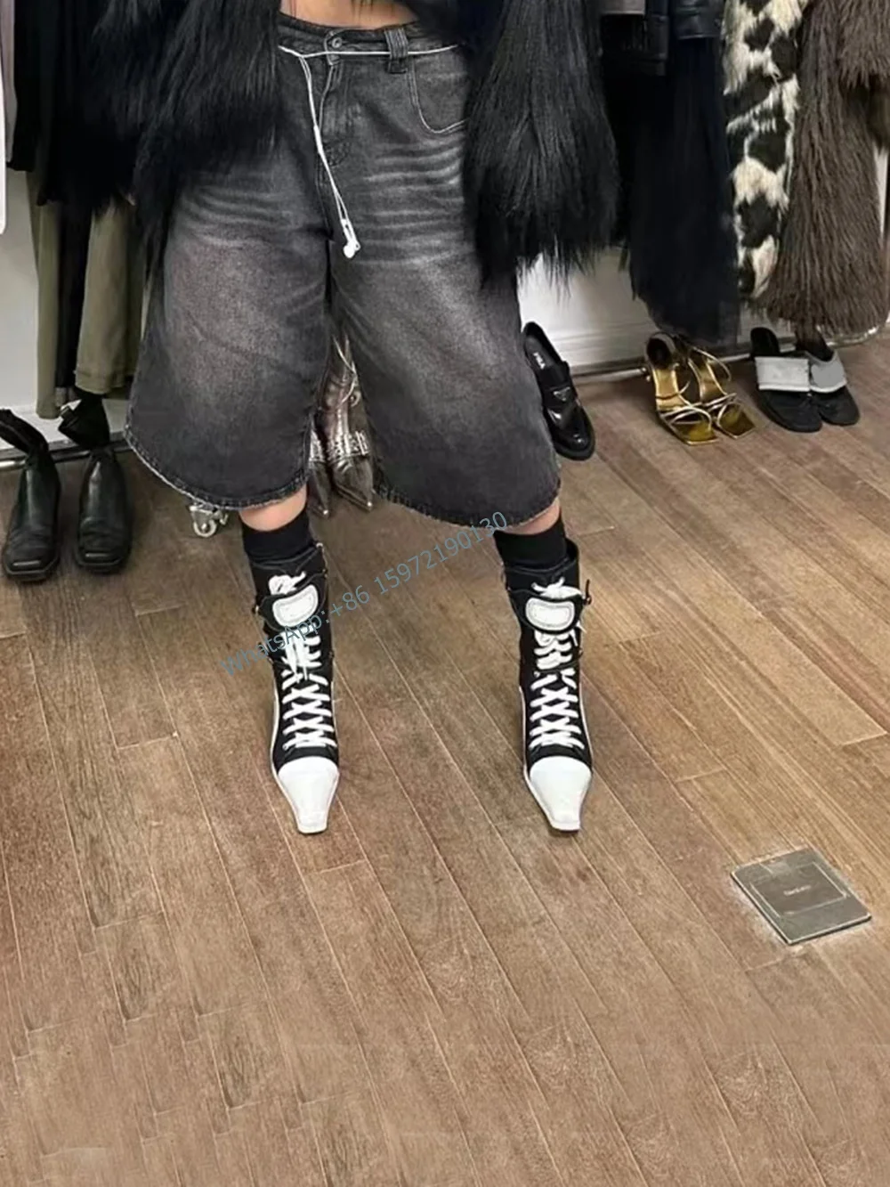 Cross Tied Patchwork Boots Square Toe Chunky Heel Lace Up Black White Mid Calf Shoes Spring Newest Leisure Fashion Shoes