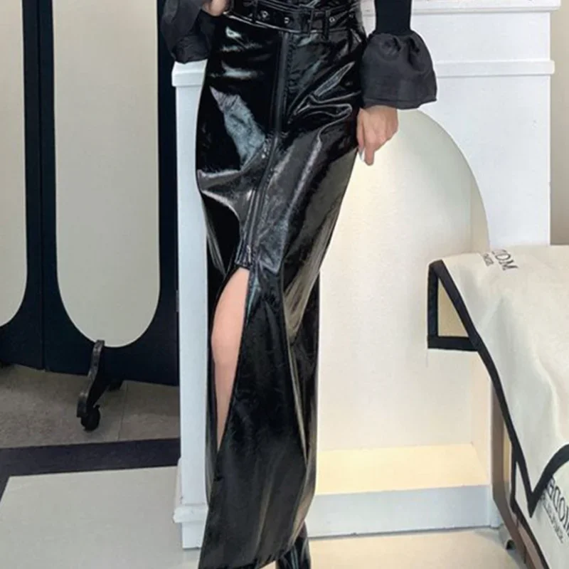 New Autumn Winter High Quality PU Leather Skirt Women Vintage High Waist A-line Sexy Split Fashion Midi Skirts Casual Jupe