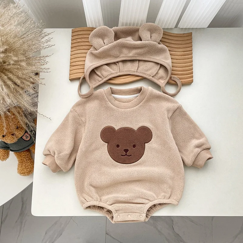 Baby clothes fall/winter boys plush ear sweatshirt romper girls baby newborn hooded one-piece romper jumper + fleece pants