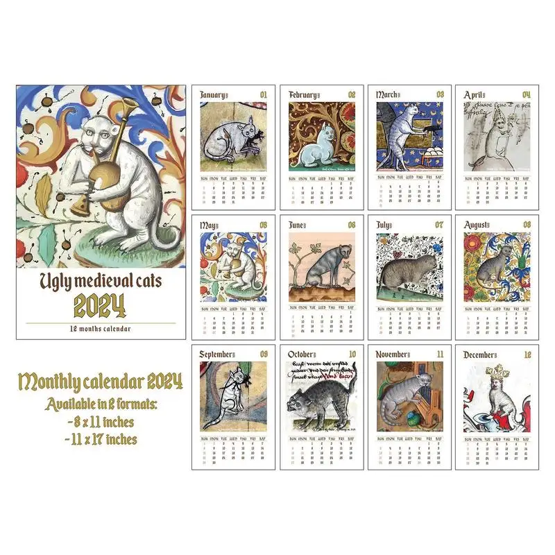 Medieval Cat Wall Calendar 12-Month Wall Calendar 2024 With Medieval Cats Pictures Home Decorations Cat Calendars For Living