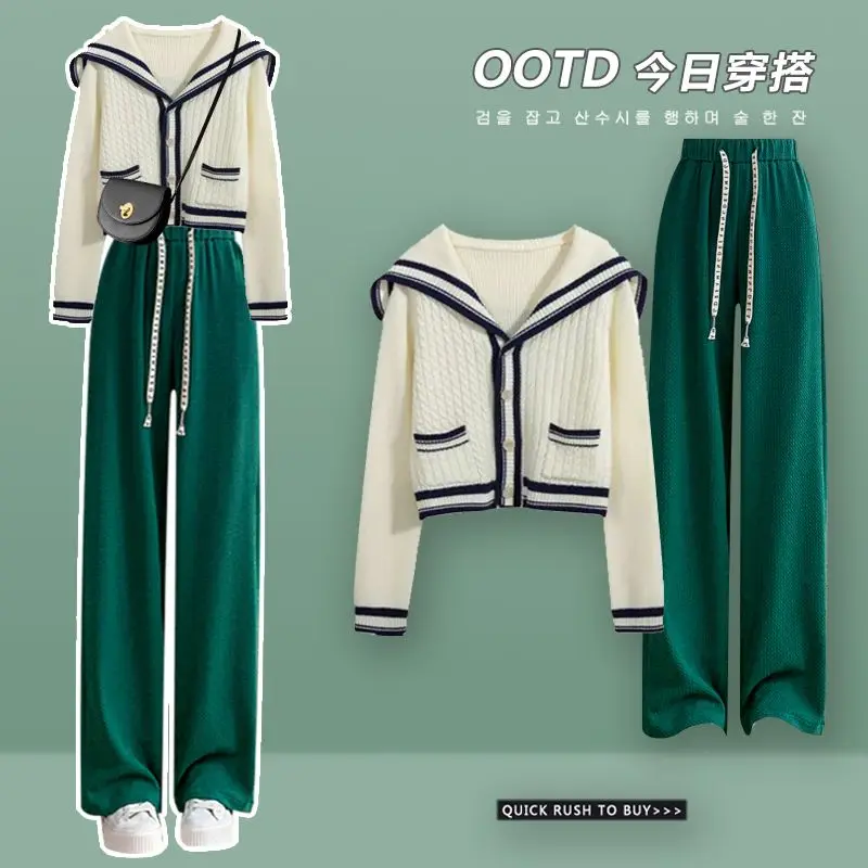 2024 Autumn/Winter Korean Edition New Navy Collar Knitted Sweater+Wide Leg Pants Two Piece Set Trendy