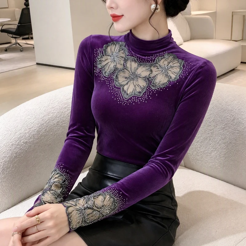 New 2026 Winter Long Sleeved High Neck Women's T-Shirts Fashion Sexy Hot Diamond Velvet Tops M-3XL Clothes