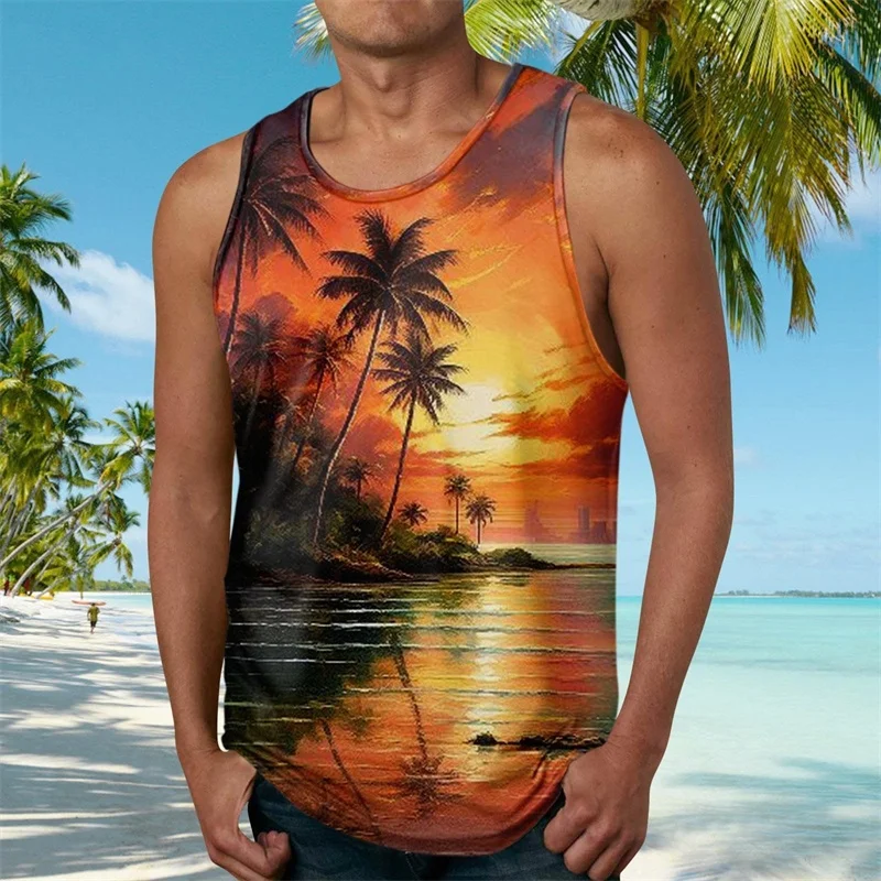 

Men's Casual Outdoor Beach Vacation Vest 3D Coconut Tree Sunset Print Fashionable Sleeveless Vest Comfortable And Breathable