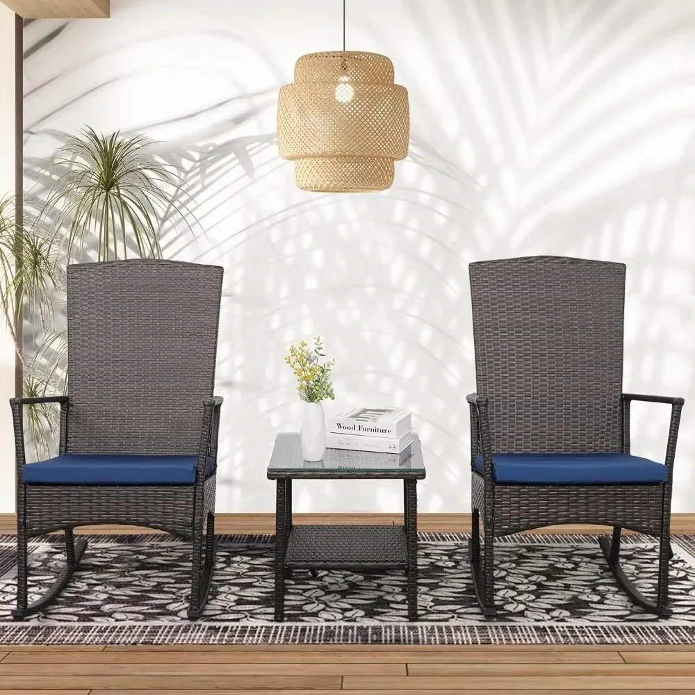 # Hot Sales Rocking Chair 3 Piece Porch Chairs PE Wicker Patio Bistro Set Brown Rattan Furniture Sets With Coffee Table,Navy Blu