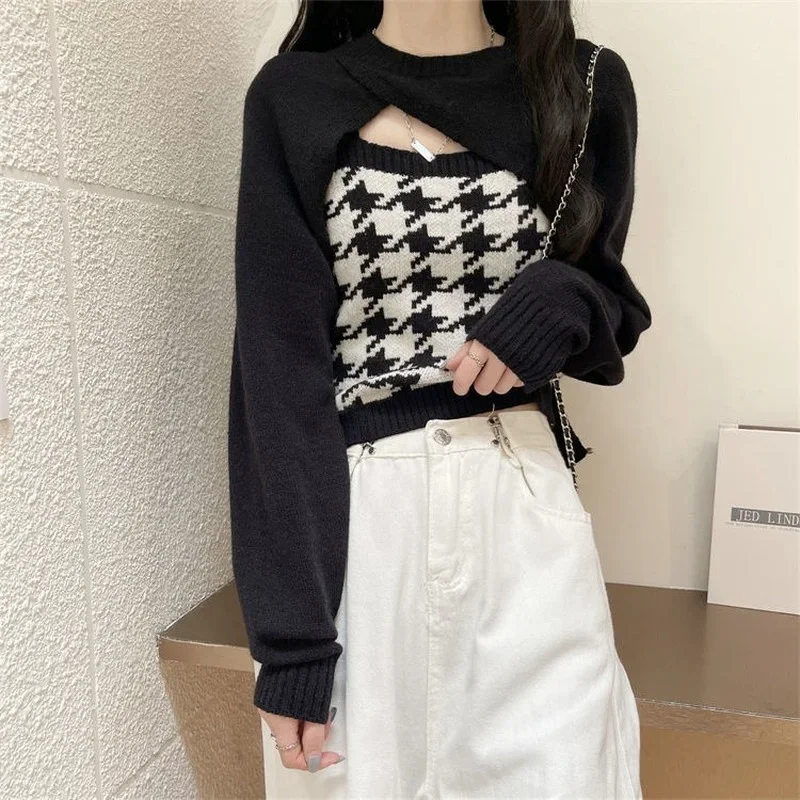 

Комплекты женских осенних свитеров, майки из 2 предметов, корейская вязаная однотонная повседневная одежда для колледжа, сексуальные девушки, укороченная базовая одежда, уличная мода