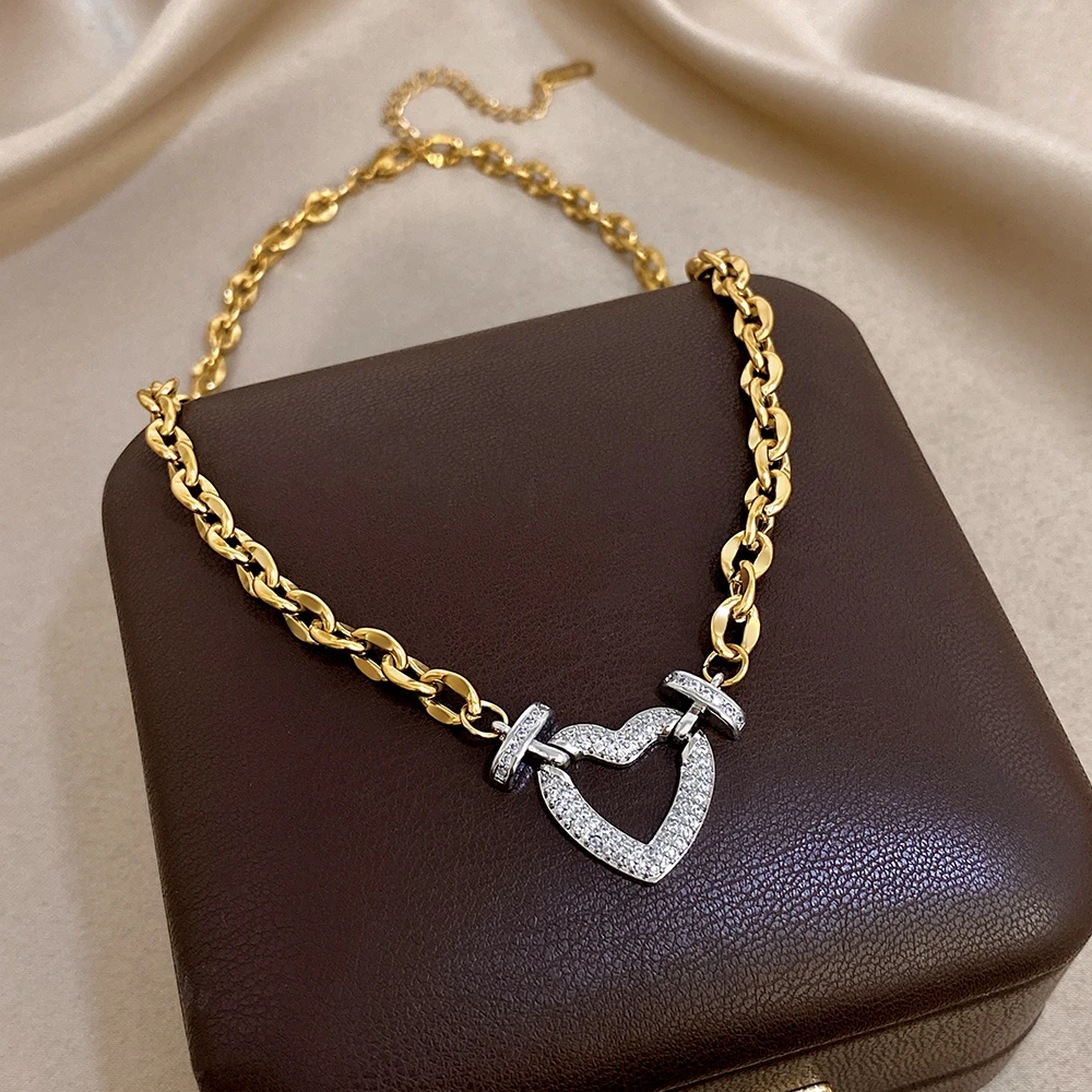 Volle Zirkon Schloss & Herz Edelstahl Charms Anhänger Halskette für Frauen Männer Chunky Punk Vergoldet Link Kette Halsketten – Detail 3
