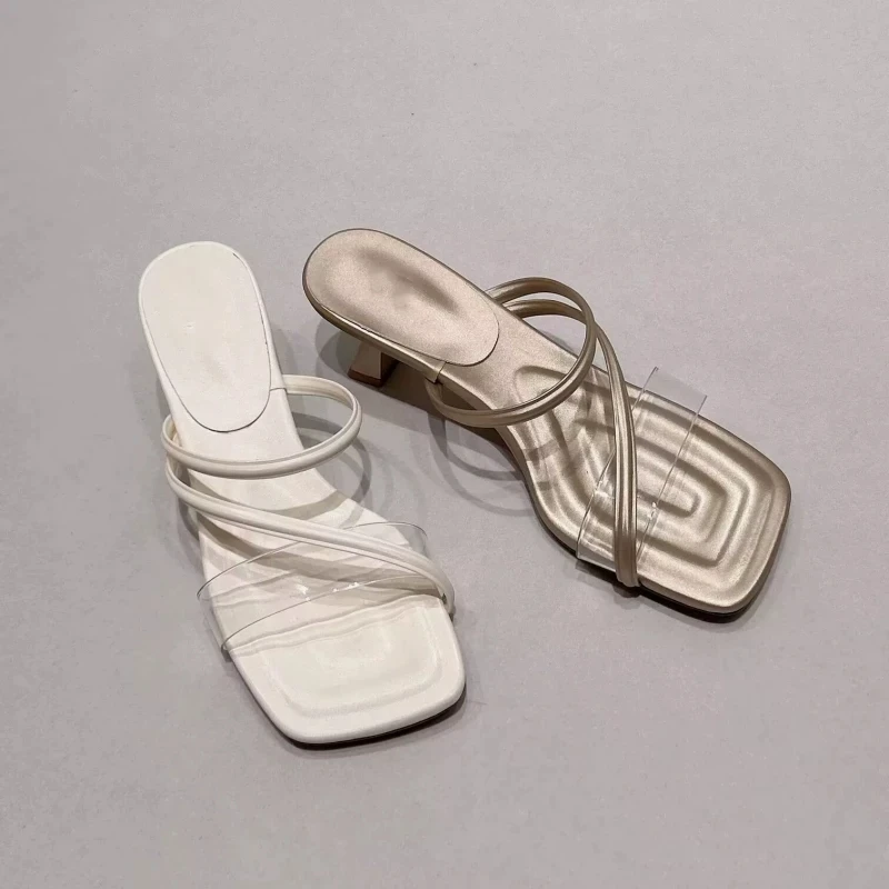 

French Transparent Thin Strap High-heeled Sandals and Slippers for Women, 2026 Summer New Open-toe Square-toe Flip-flops