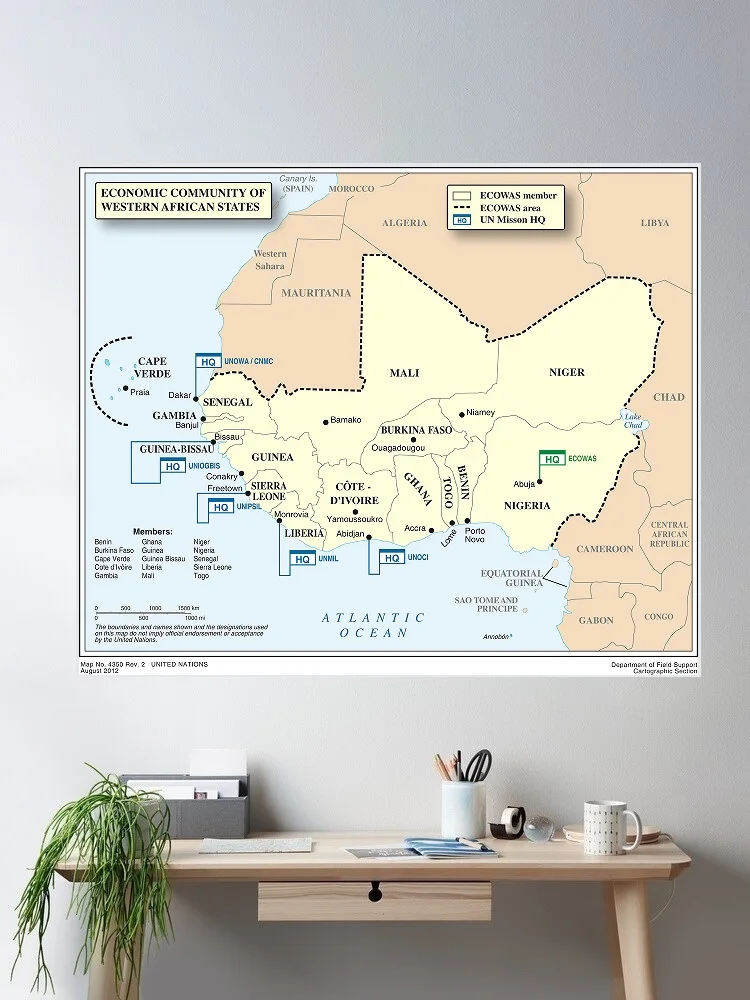 Economic Community for West African States (ECOWAS) Map, Print Art Canvas Poster,Living Room , Home Wall Decor Picture