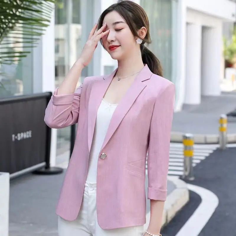 Notched Button Skinny Temperament Effen Kleur Formele Office Lady Modieuze Blazers Drie Kwart Mouw Vrouwen Kleding Dunne