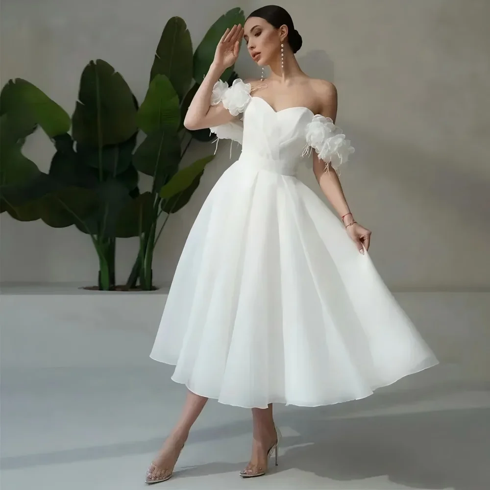 Customized Princess 3D Flowers Midi Wedding Dress Off The Shoulder Floral Short Wedding Gowns 2026 Vestidos De Novia