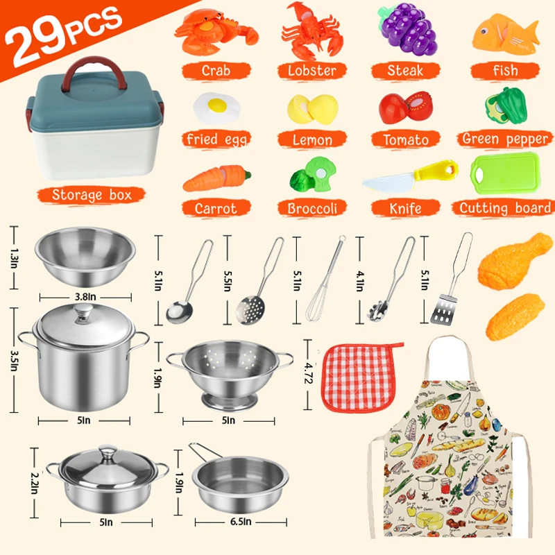 29PCS Kids Kitchen Playset with Stainless Steel Cookware Pots and Pans Set, Pretend Food Cooking Toys with Cutting Foods, Apron