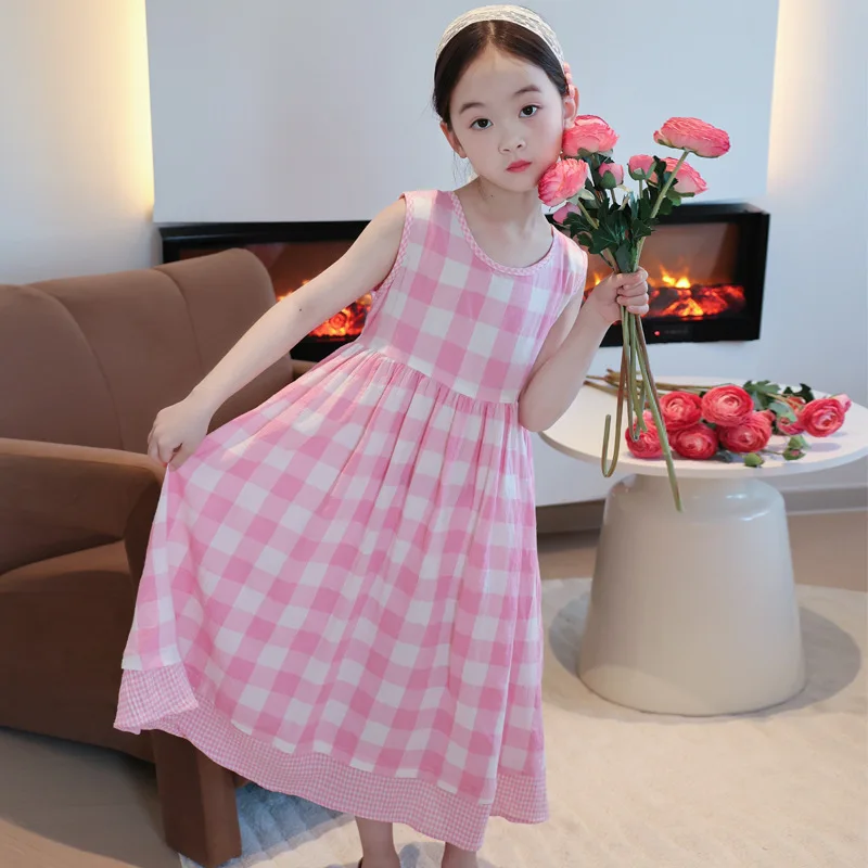 Girls Pink Plaid Cotton Beach Dress Sleeveless Thin Princess Summer Casual Kids Seaside Outfit Little Girl Holiday Long Dress