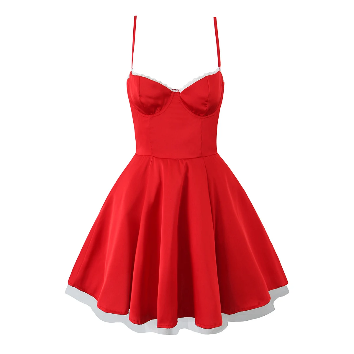 2025 New Spring And Summer Women's Dress Red Satin Three-layer Three-dimensional Steel Ring Lace Splicing Mini Dress