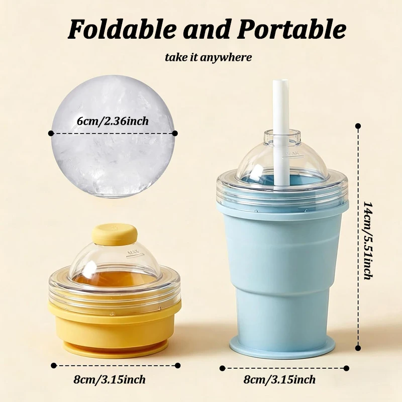 Portable Foldable Ice Ball Cup Food Grade Silicone Ice Ball Mold with Straw for Whiskey Cocktails Reusable Travel Water Bottle